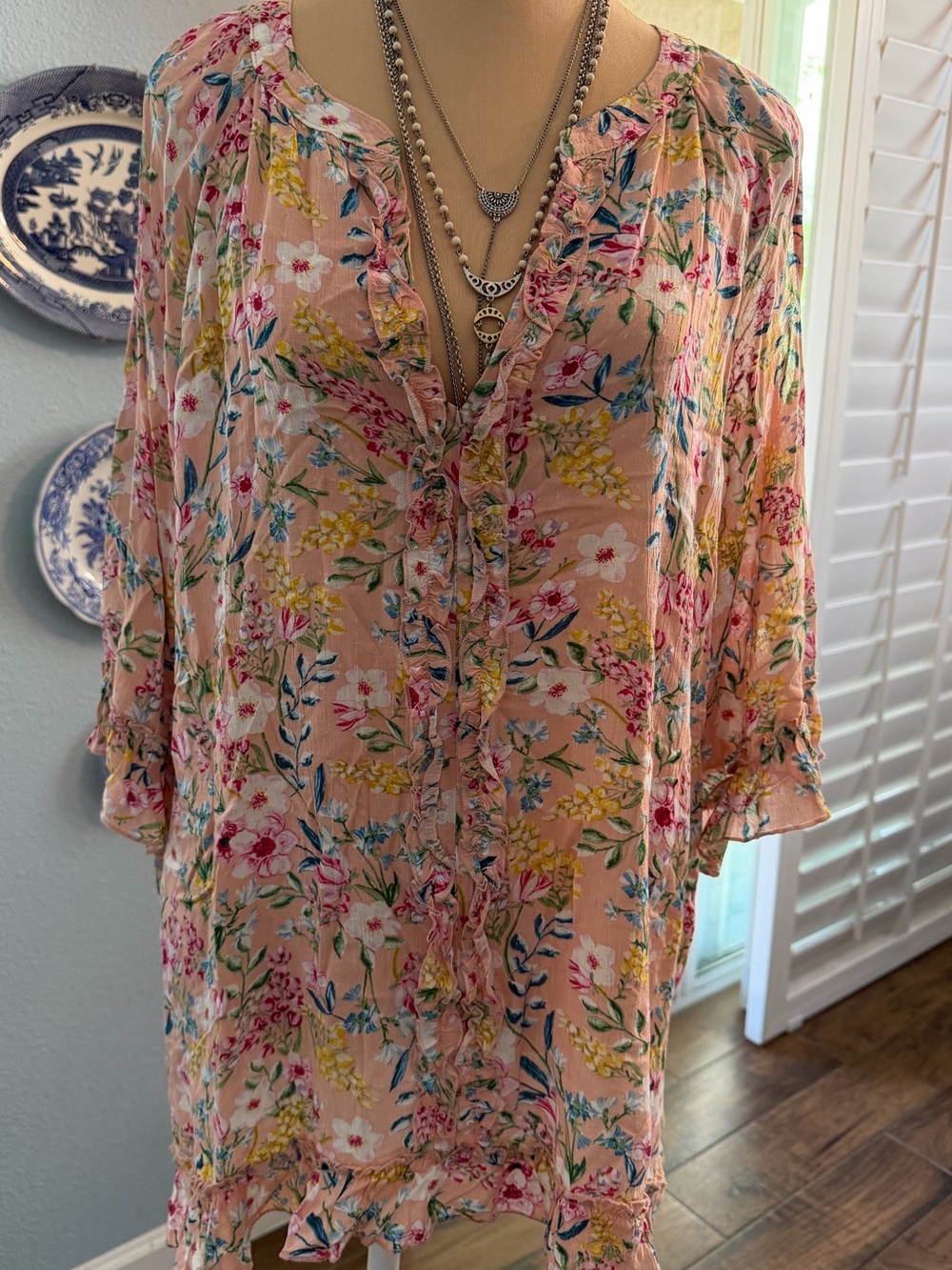 Democracy Peachy Floral Ruffle Tunic with Pink, Yellow, Blue and Green Accents